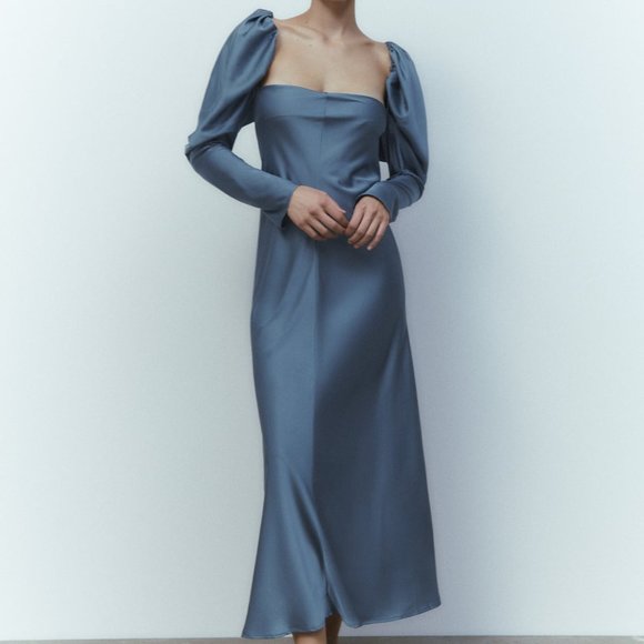 BLUE SILK MAXI DRESS ZARA NWT - Picture 1 of 8